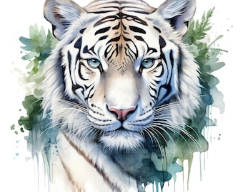 16 White Tiger Head Clipart, White Tiger Clipart, Printable Watercolor Clipart, Paper Craft, High Quality JPGs, Digital Download