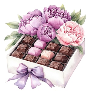 May include: A watercolour illustration of a white box of chocolates tied with a purple bow. The box is filled with assorted chocolates and adorned with pink and purple peonies and green leaves. A lovely gift.