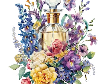 17 Floral Perfume Bottle Clipart,  Printable Watercolor Clipart, Paper Craft, Junk Journals, High Quality JPGs, Digital Download Wall Art
