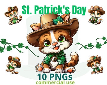 10 PNG Watercolor St. Patrick's Day Cat , St Patrick graphics, St Patrick designs, Teddy Cat PNG transparent background