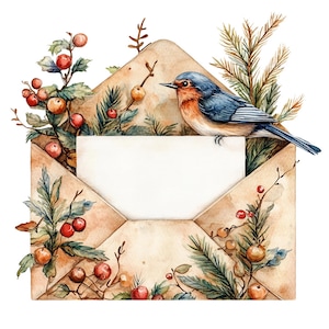 15 imágenes prediseñadas de sobres navideños, Navidad vintage, pájaro, imágenes prediseñadas de acuarela imprimibles, manualidades de papel, archivos JPG de alta calidad, descarga digital