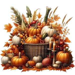 May include: A basket overflowing with fall harvest bounty, including pumpkins, gourds, and fall foliage. The basket is surrounded by candles and other autumnal decorations.