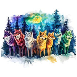 19 kleurrijke Wolf Pack clipart, Wolf clipart, afdrukbare aquarel clipart, Paper Craft, ongewenste tijdschriften, hoge kwaliteit jpg's, digitale download