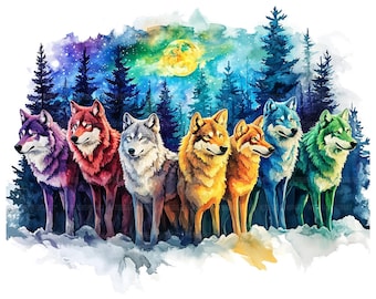 19 imágenes prediseñadas de manadas de lobos coloridas, imágenes prediseñadas de lobo, imágenes prediseñadas de acuarela imprimibles, manualidades de papel, revistas basura, archivos JPG de alta calidad, descarga digital