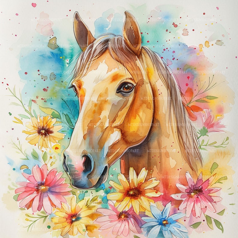 16 Floral Horses Clipart, Flower and Horse,printable Watercolor Clipart ...