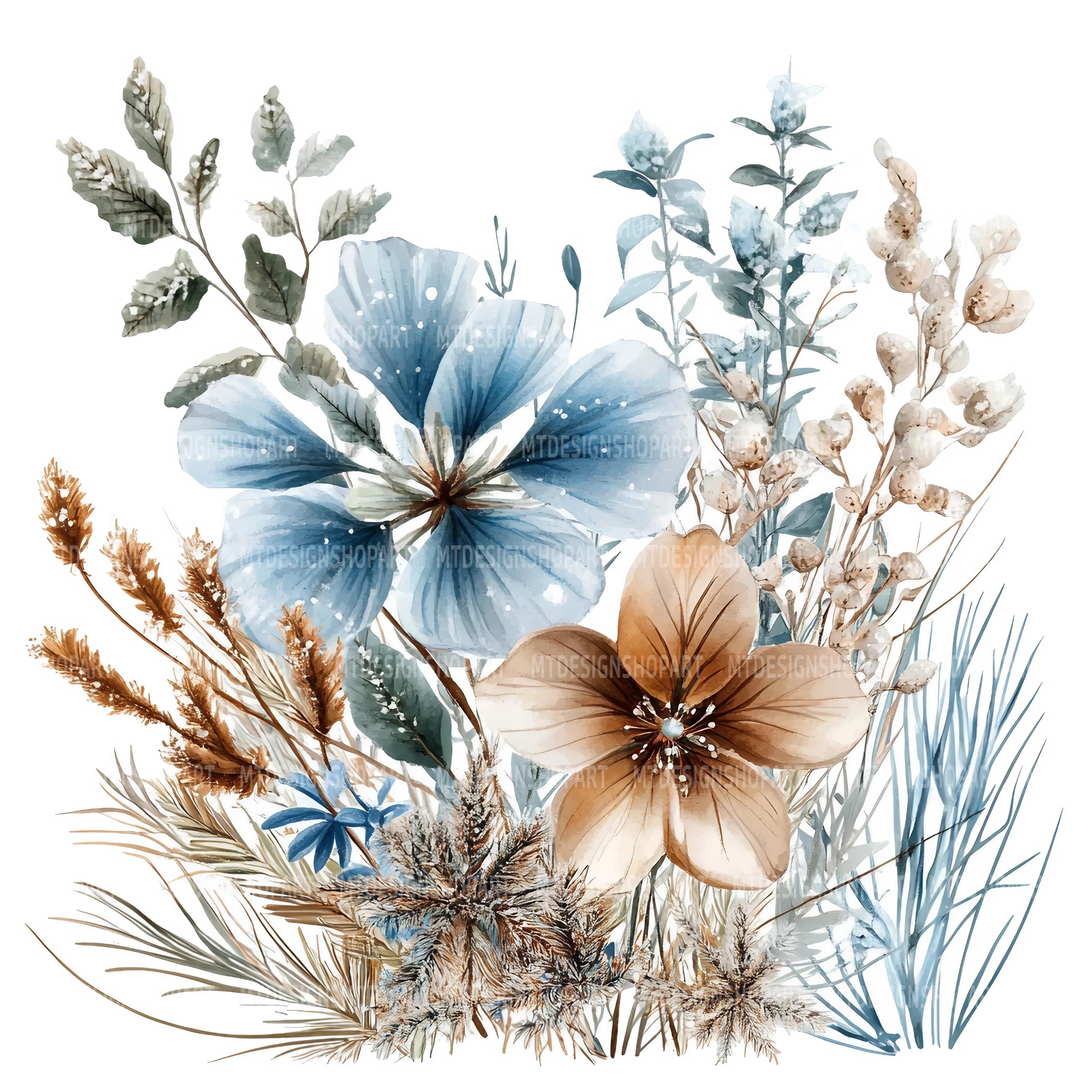 冬の花の水彩画クリップアート：抽象的な花のデザイン（デジタル