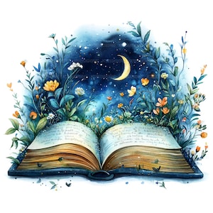19 magische boek clipart, open magische boek, afdrukbare aquarel clipart, Paper Craft, ongewenste tijdschriften, hoge kwaliteit jpg's, digitale download