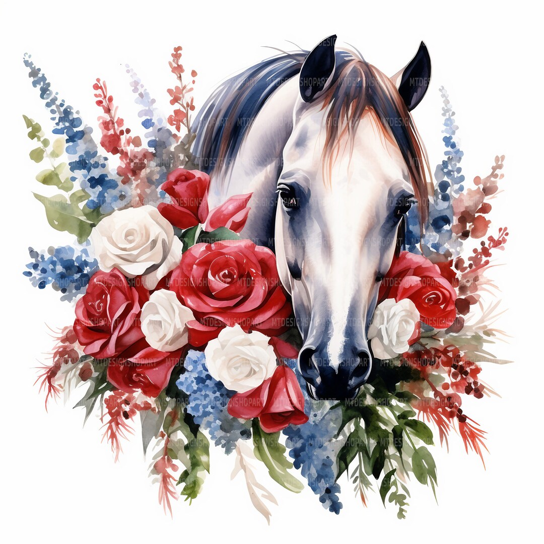12 Floral Horses Clipart, Horses Clipart, Flowers Clipart, Printable ...