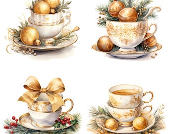 13 Golden Christmas Tea Cup Clipart, Golden Christmas, Printable Watercolor Clipart, Junk Journals, High Quality JPGs, Digital Download