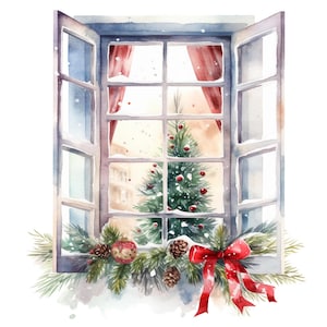 19 Clipart de fenêtre de Noël enneigé, S1, fenêtre de Noël, clipart aquarelle imprimable, créations en papier, fichiers JPG de haute qualité, téléchargement numérique