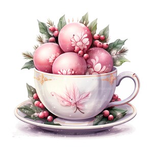16 Clipart di tazze da tè di Natale, Tè di Natale rosa, Clipart di acquerelli stampabili, Artigianato di carta, JPG di alta qualità, Download digitale