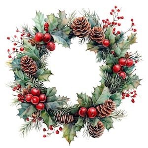 クリスマスリースのクリップアート16点、クリスマスホリデー、お祝いリース、印刷可能な水彩画クリップアート、高品質JPG、デジタルダウンロードウォールアート