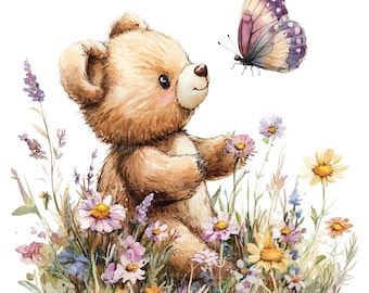 19 Kinderzimmer Teddybär Clipart, Blumen Schmetterling, druckbare Aquarell Clipart, Papierwesen, hochwertige JPGs, digitaler Download Wandkunst
