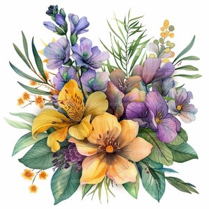 12 Gelbe Blumen Bouquet Clipart, Lila Floral, druckbare Aquarell Clipart, hochwertige JPGd, Papiermodelle, Junk Journal, digitale