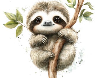 16 Cute Sloth Sitting Clipart, Sloth Clipart, Printable Watercolor Clipart, Paper Craft, Junk Journals, High Quality JPGs, Digital Download