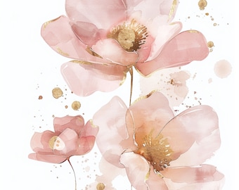 May include: Watercolor painting of pink flowers with gold accents on a white background.