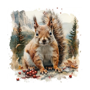 May include: A watercolour painting of a red squirrel sitting on a rock with red berries scattered around it. The squirrel has a bushy tail and is looking directly at the viewer. The background is a watercolour wash of a mountain landscape.