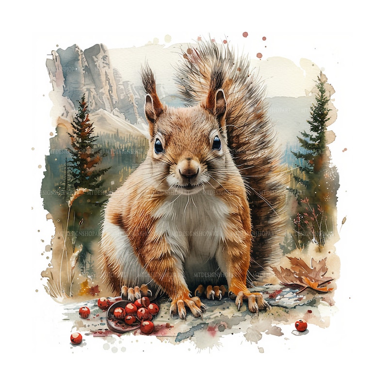 May include: A watercolour painting of a red squirrel sitting on a rock with red berries scattered around it. The squirrel has a bushy tail and is looking directly at the viewer. The background is a watercolour wash of a mountain landscape.