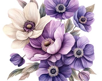 19 Purple Flowers Bouquet Clipart, Purple Flower, Violet, Printable Watercolor Clipart, Paper Craft, High Quality JPGs, Digital Download