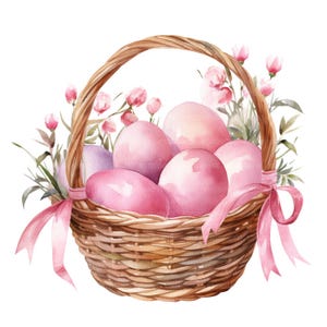 19 Clipart di cestini di uova di Pasqua, uova di Pasqua rosa, arte dell'acquerello stampabile, artigianato di carta, diari spazzatura, JPG di alta qualità, download digitale