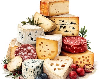14 Cheese Clipart, Cheese Board Clipart, Printable Watercolor Clipart, Paper Craft, Junk Journals, High Quality JPGs, Digital Download