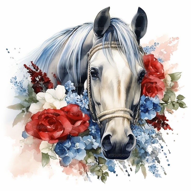 12 Floral Horses Clipart, Horses Clipart, Flowers Clipart, Printable ...