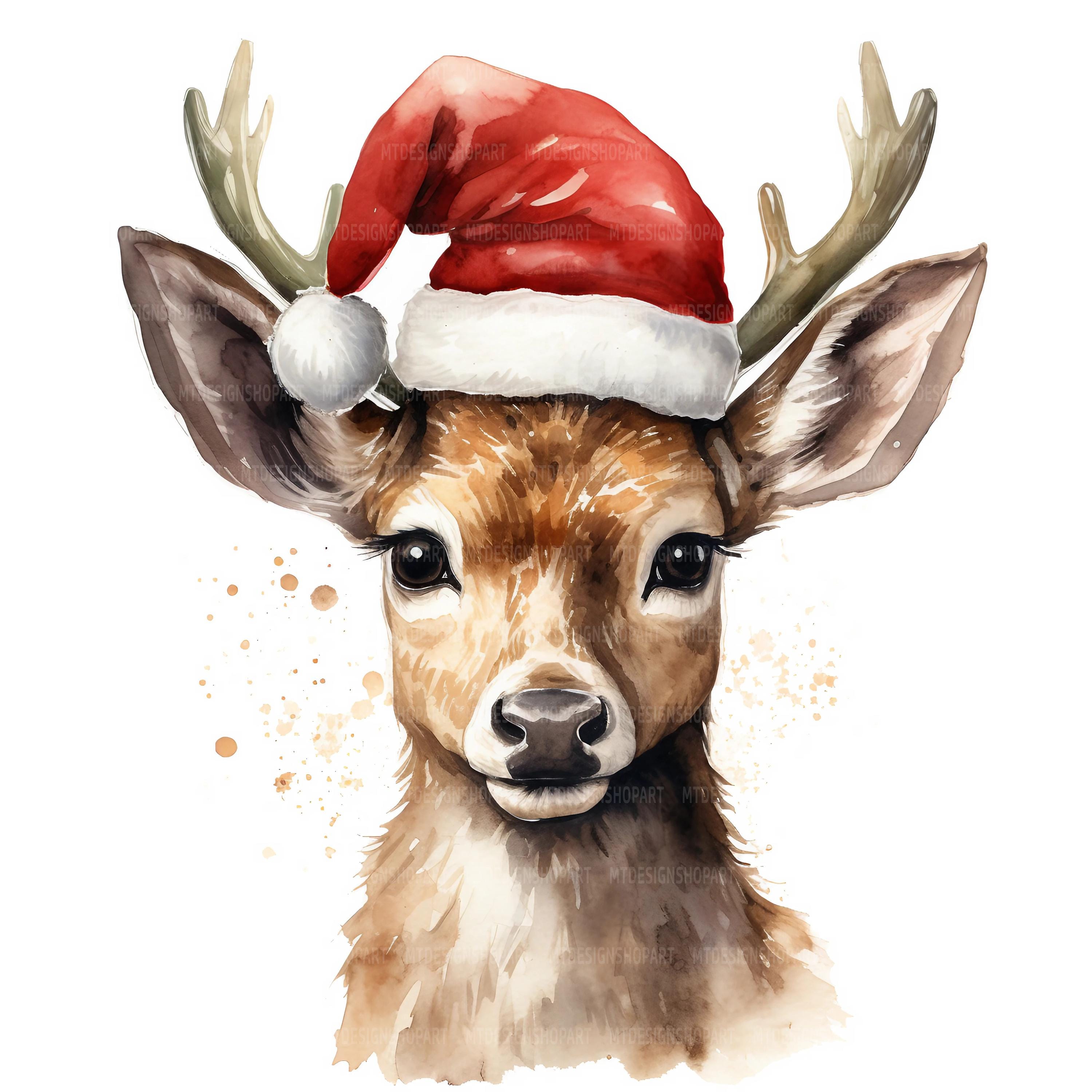16 Deer With Santa Hat Clipart, Deer Clipart, Printable Watercolor ...
