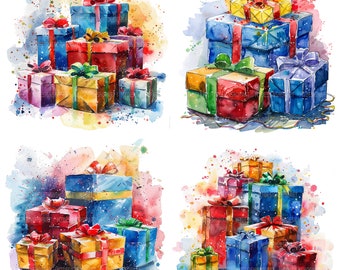 15 Colorful Gift Boxes Clipart, Rainbow Box, Gift Wrapped, Printable Watercolor Clipart, Paper Craft, High Quality JPGs, Digital Download