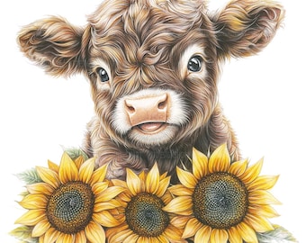 19 Highland Cow zonnebloemen clipart, koe illustraties, afdrukbare aquarel clipart, Paper Craft, hoge kwaliteit JPG's, digitale download kunst aan de muur
