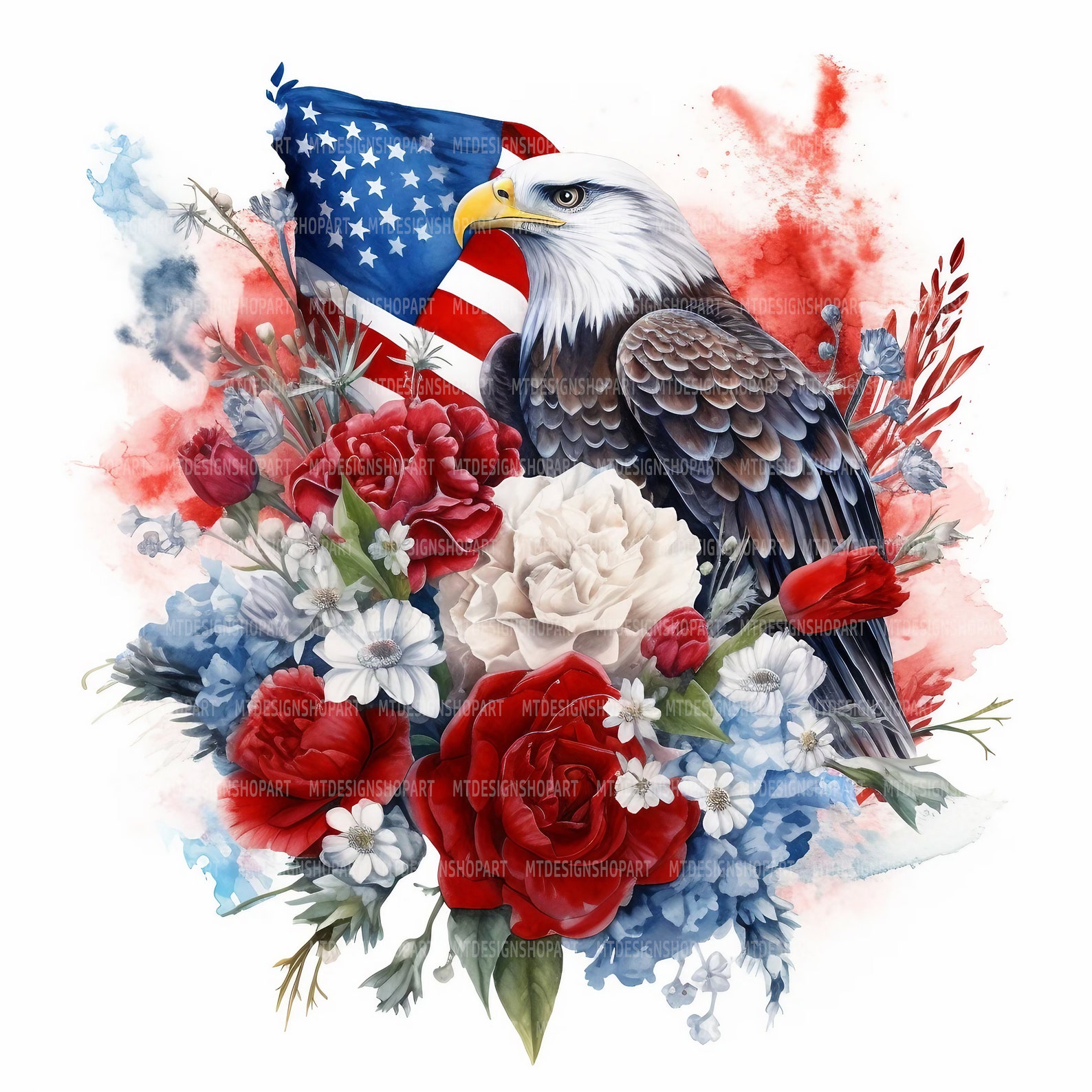 Eagle & Roses Clipart: USA Flag Watercolor Graphics (digital Download ...