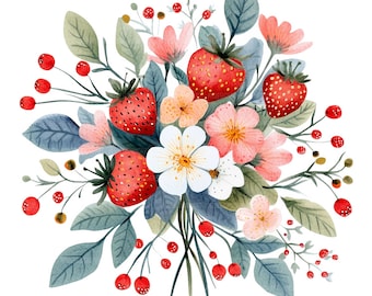 22 Clipart di bouquet floreali di fragole, arte di fragole, clipart di acquerelli stampabili, lavoretti di carta, JPG di alta qualità, download digitale