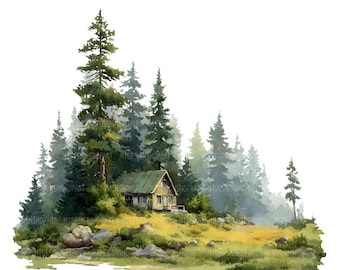 16 jachthut in bos clipart, afdrukbare aquarel clipart, papercraft, ongewenste tijdschriften, hoge kwaliteit jpg's, digitale download kunst aan de muur