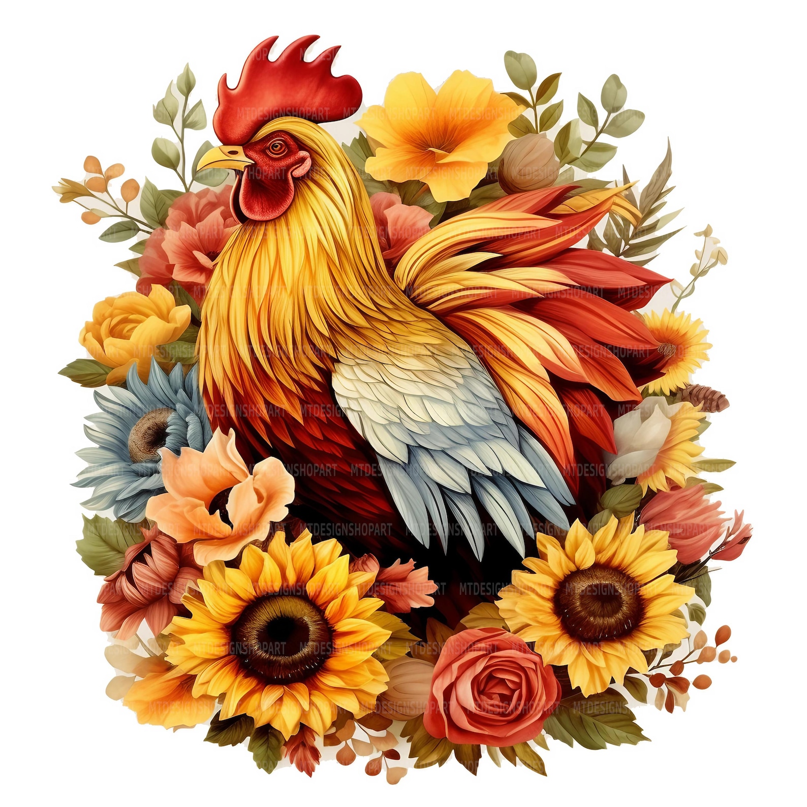 Rooster Fall Graphics 19 Rooster Sunflowers Clipart, Fall Flowers, Printable Watercolor ...