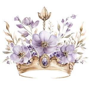 19 gouden kroon met paarse bloemen clipart, afdrukbare aquarel clipart, Paper Craft, ongewenste tijdschriften, hoge kwaliteit jpg's, digitale download