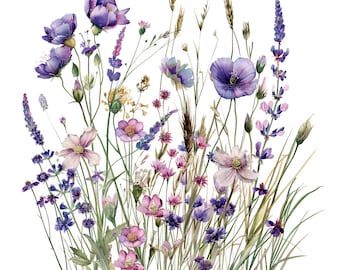 19 Purple  Wildflowers Clipart, Purple flowers, Printable Watercolor Clipart, Paper Craft, Junk Journals, High Quality JPG, Digital Download