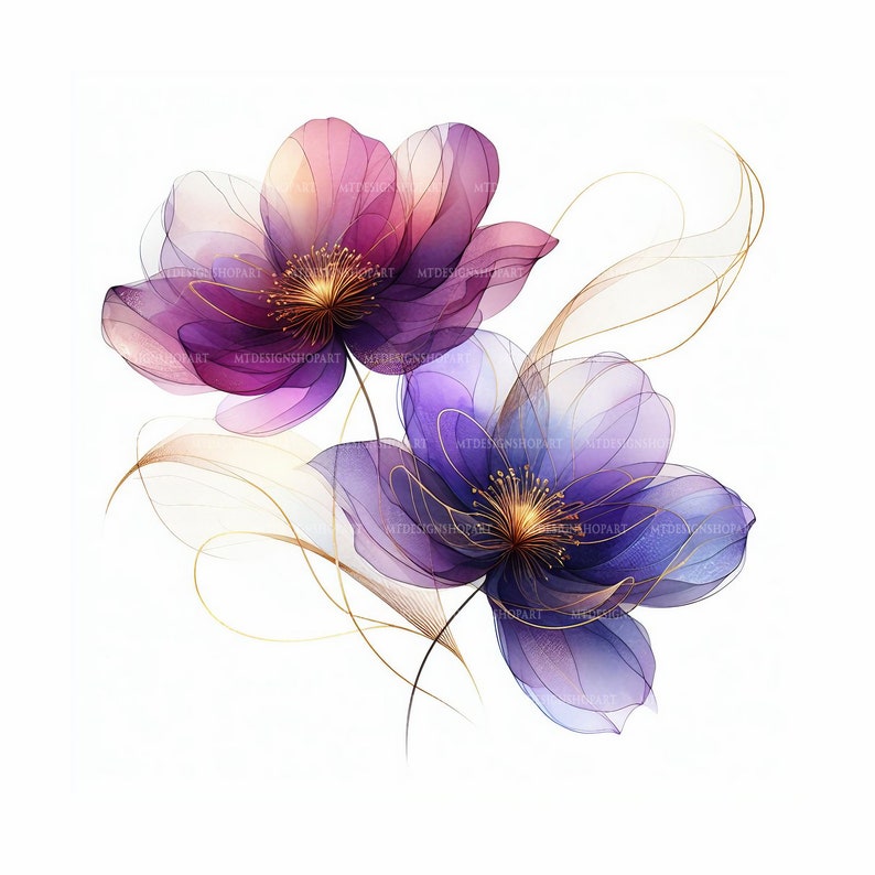 15 Abstract Flowers Clipart, Two Purple Flowers, Printable Watercolor ...