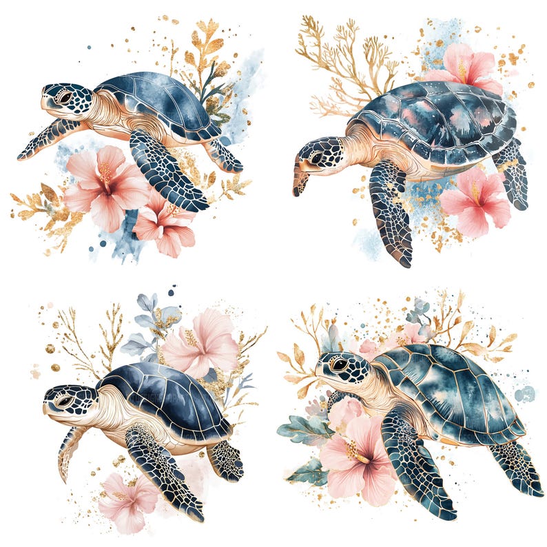 Pu&ograve; includere: Quattro illustrazioni ad acquerello di tartarughe marine con accenti floreali. Ogni tartaruga &egrave; dipinta in tonalit&agrave; di blu e oro, circondata da fiori di ibisco rosa e bianchi e accenti di foglie dorate.