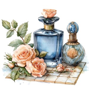 May include: Two blue glass perfume bottles with gold accents and stoppers, one round and one rectangular, sitting on a tiled surface with peach roses and green leaves.