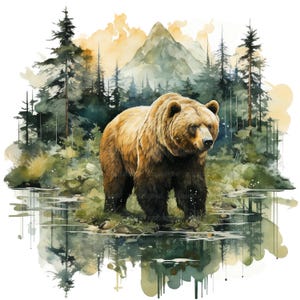 18 Urso na Floresta Clipart, Urso Pardo Clipart, Clipart de Aquarela para Imprimir, Artesanato em Papel, Diário de Lixo, JPG de Alta Qualidade, Download Digital