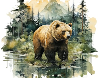 18 Bear in Forest Clipart, Grizzly Bear Clipart, Printable Watercolor Clipart, Paper Craft, Junk Journal, High Quality JPG, Digital Download