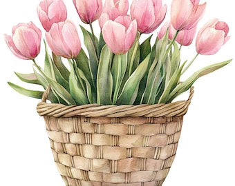 19 Pink Tulips Clipart, Flower Basket Clipart, Printable Watercolor Clipart, Paper Craft, Junk Journals, High Quality JPGs, Digital Download