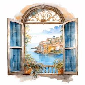 May include: Watercolor painting of an open window overlooking a coastal town. The window frame is brown, with blue curtains and a decorative top. The view includes a blue sea, buildings, and a sky with clouds. Potted plants sit on the balcony. The image has the text "MTDESIGNSHOPART".