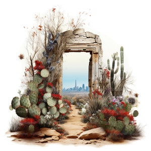 22 vieille porte rouillée Clipart, cactus avec des fleurs, clipart aquarelle imprimable, créations en papier, journaux indésirables, JPG de haute qualité, téléchargement numérique