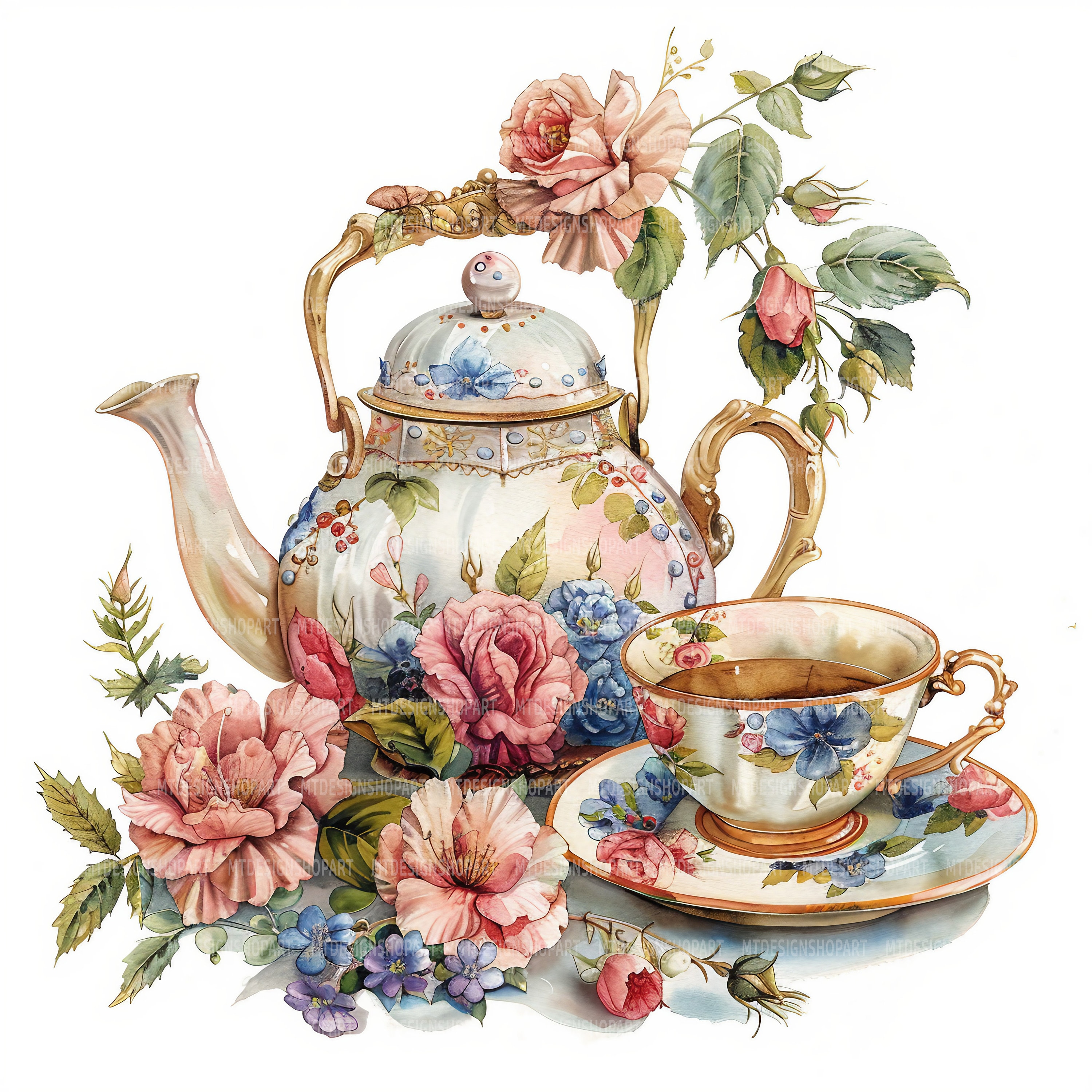 15 Tea Set Clipart, Teapot and Teacup Clipart, Printable Watercolor ...