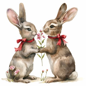 13 Clipart lapin bien-aimé, paysage de ruban rouge, clipart aquarelle imprimable, créations en papier, fichiers JPG de haute qualité, téléchargement numérique
