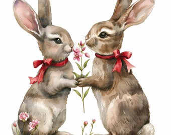13 Beloved Rabbit Clipart, Red Ribbon Landscape, Printable Watercolor Clipart, Paper Craft, High Quality JPGs, Digital Download
