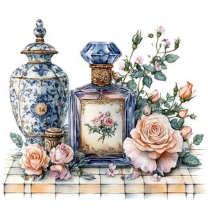 24 frascos de perfume vintage, frascos de perfume florales, clipart de acuarela imprimible, manualidades de papel, archivos JPG de alta calidad, descarga digital