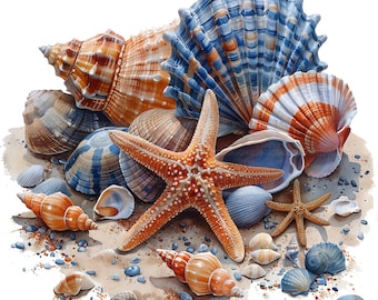 19 zeeschelpen clipart, schelp illustraties, afdrukbare aquarel clipart, Paper Craft, ongewenste tijdschriften, hoge kwaliteit jpg's, digitale download