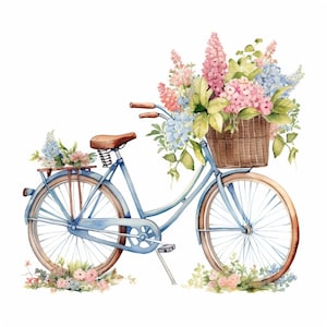 37 Bicycle with Flowers Clipart, Floral Bicycle Clipart, Printable Watercolor Clipart, Paper Craft, High Quality JPGs, Digital Download