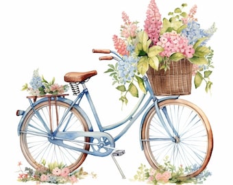 37 Bicycle with Flowers Clipart, Floral Bicycle Clipart, Printable Watercolor Clipart, Paper Craft, High Quality JPGs, Digital Download